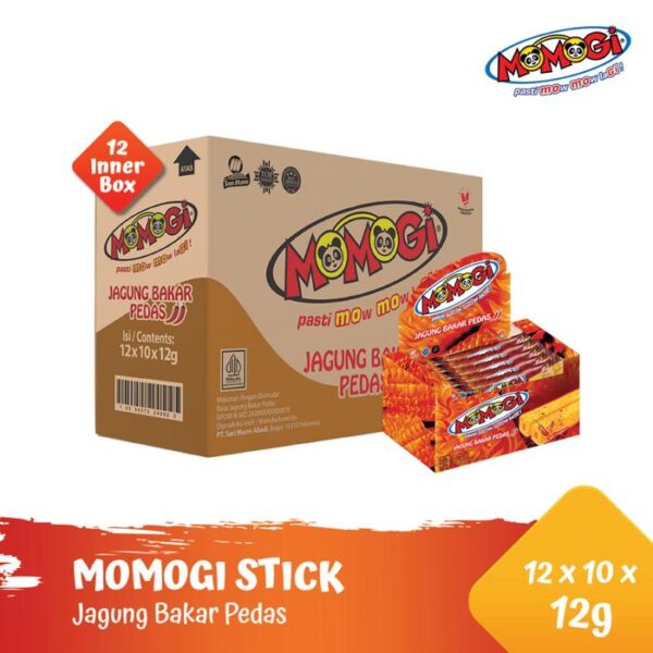 Momogi Stick Jagung Bakar Pedas 12gr (1 Karton @ 12 Box)